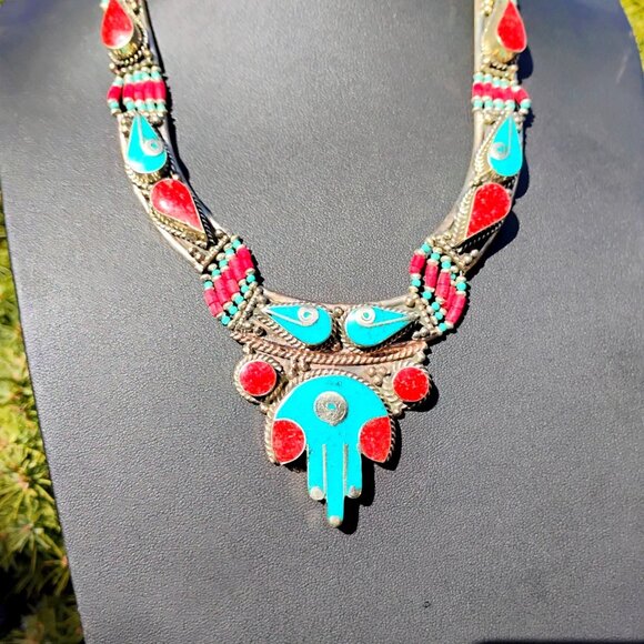Handmade Jewelry - Handcrafted Tibetan Silver Collar Necklace w/Inlay Turquoise & Coral and Beads